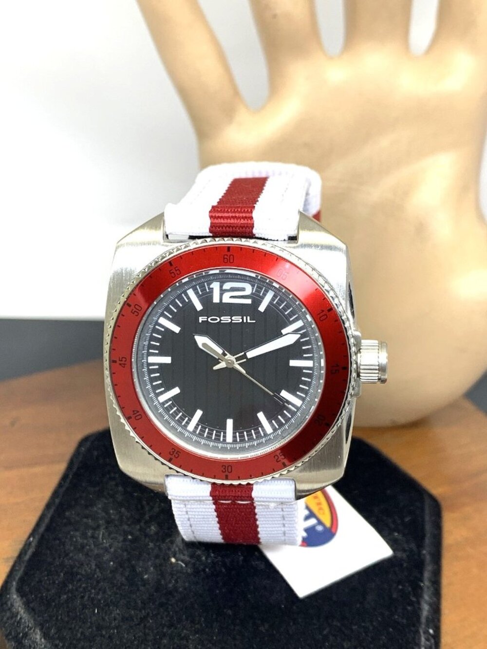 Fossil Men's Watch WB1042 Quartz Black Dial White Red Nylon Strap 38mm